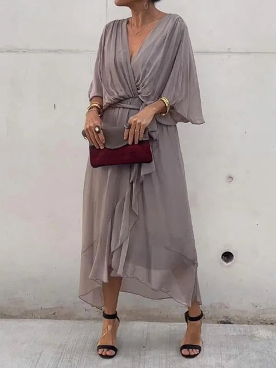 Taupe chiffon midi dress with v-neck and kimono sleeves, wrap waist detail