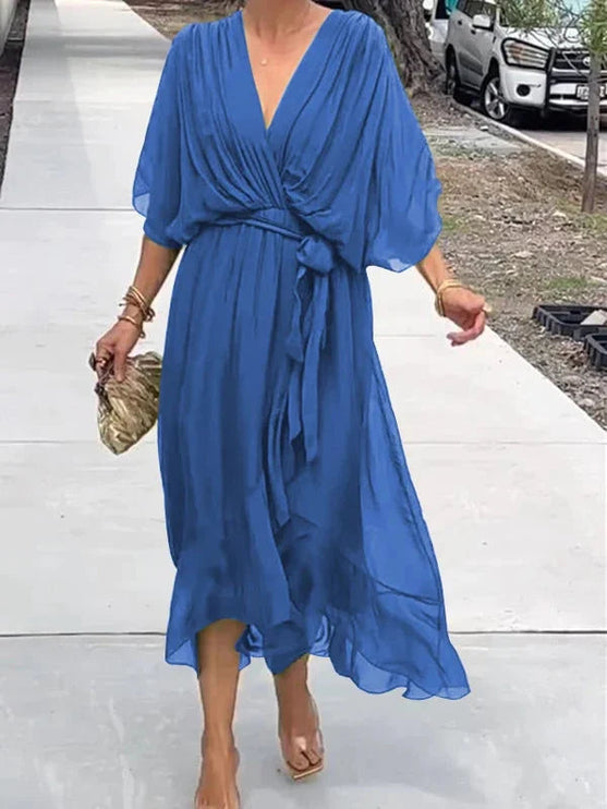 Royal blue chiffon midi dress with v-neck, flowing kimono sleeves, tie waist