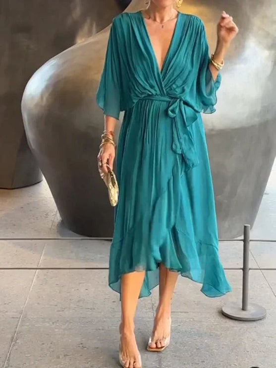 Teal chiffon midi dress with deep v-neck, kimono sleeves, wrapped waist tie