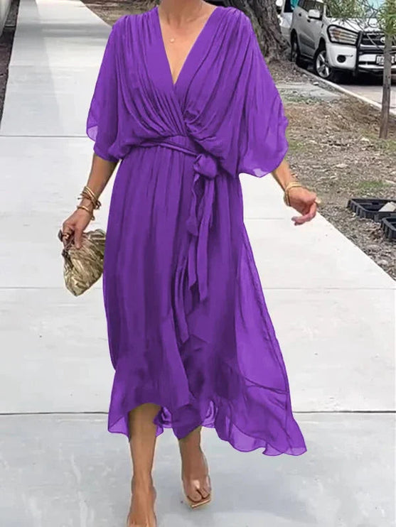 Purple chiffon midi dress with v-neck, kimono sleeves, asymmetrical hemline