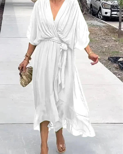 White chiffon midi dress with v-neck, kimono sleeves, wrap waist and ruffled hem