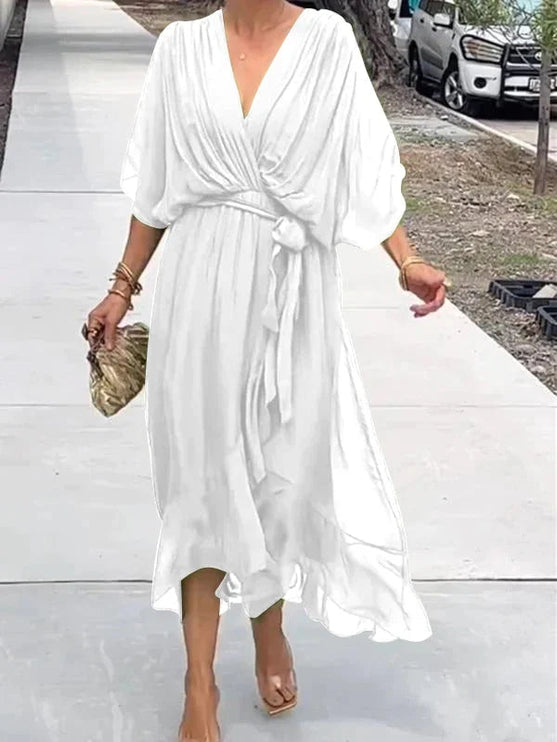 White chiffon midi dress with v-neck, kimono sleeves, wrap waist and ruffled hem