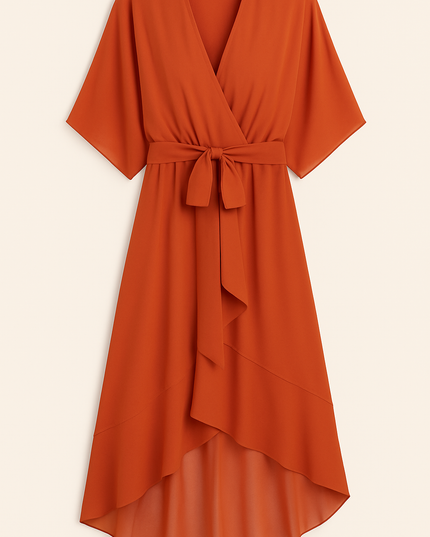 Rust orange wrap midi dress with kimono sleeves and asymmetrical hem