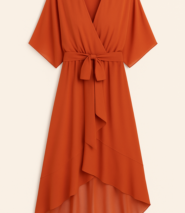 Rust orange wrap midi dress with kimono sleeves and asymmetrical hem