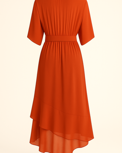 Back view of rust chiffon midi dress with kimono sleeves and waist band