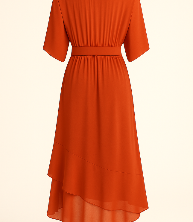 Back view of rust chiffon midi dress with kimono sleeves and waist band