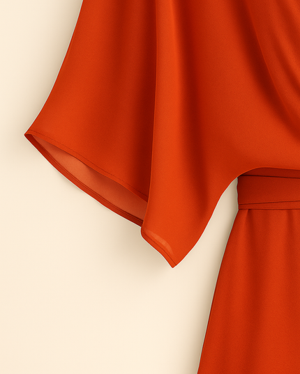 Close-up of flowing chiffon fabric and layered hem detail on midi dress