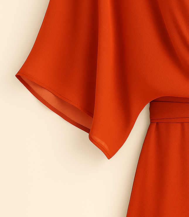 Close-up of flowing chiffon fabric and layered hem detail on midi dress