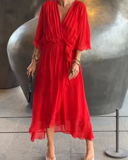 Red v-neck kimono sleeve chiffon midi dress styled with accessories