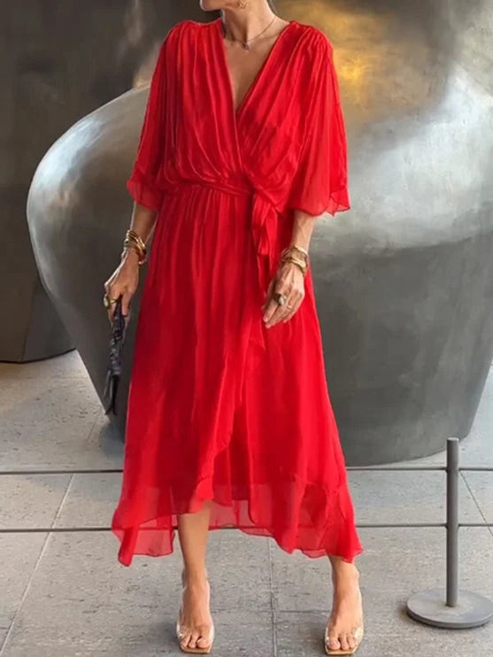 Red v-neck kimono sleeve chiffon midi dress styled with accessories