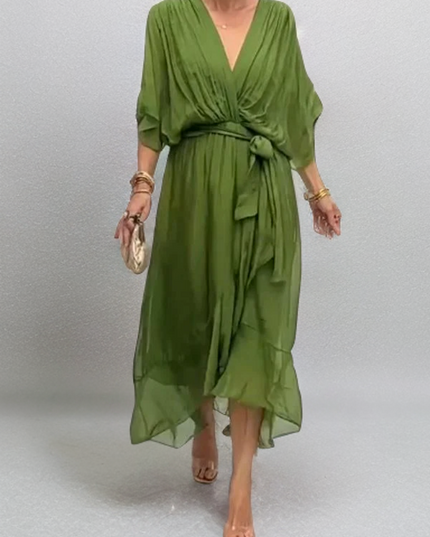Olive green kimono sleeve chiffon midi dress with wrap front and tie belt