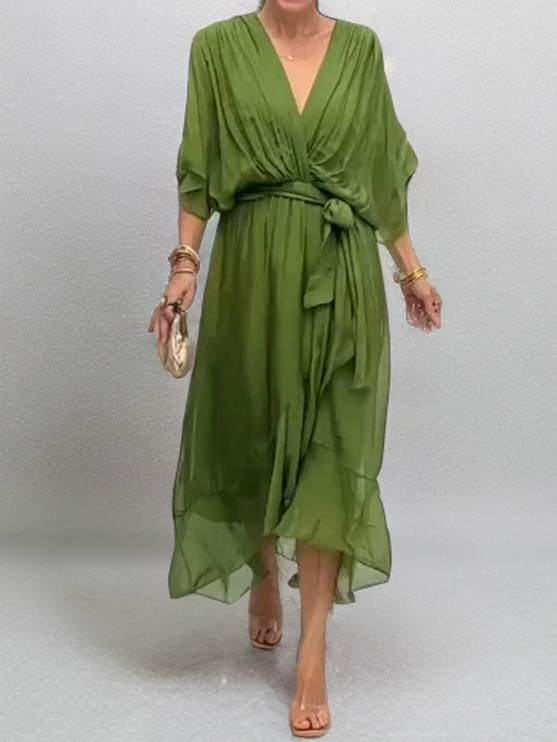 Olive green kimono sleeve chiffon midi dress with wrap front and tie belt