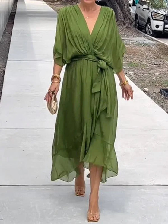 Sage green v-neck chiffon midi dress with flowing kimono sleeves