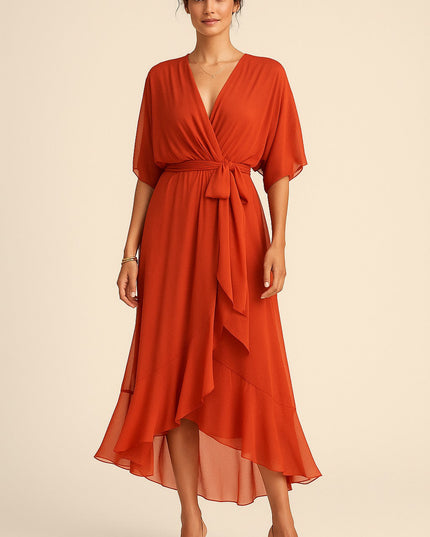 Red chiffon midi dress with v-neck and kimono sleeves, tie waist detail