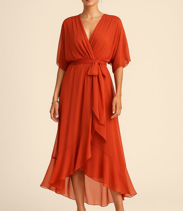 Red chiffon midi dress with v-neck and kimono sleeves, tie waist detail