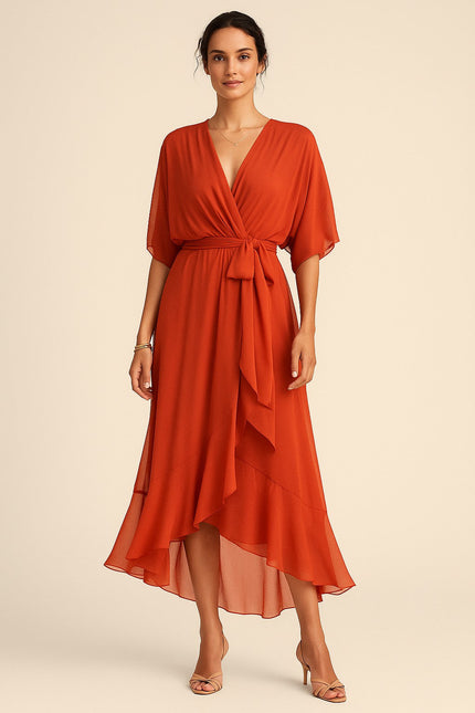 Red chiffon midi dress with v-neck and kimono sleeves, tie waist detail