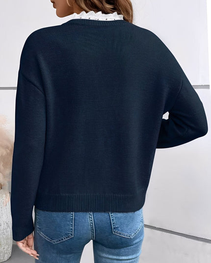 Women's V-Neck Lace-Trim Knit Pullover Sweater