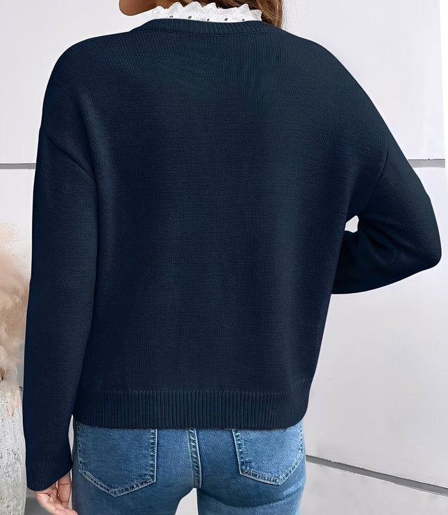 Women's V-Neck Lace-Trim Knit Pullover Sweater