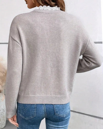 Women's V-Neck Lace-Trim Knit Pullover Sweater