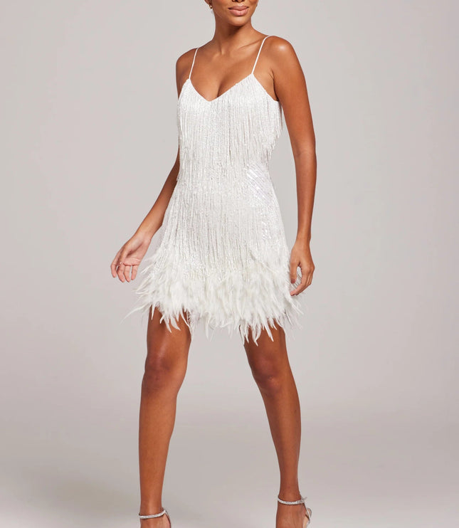 Women's V-Neck Mini Feather Fringe Party Dress