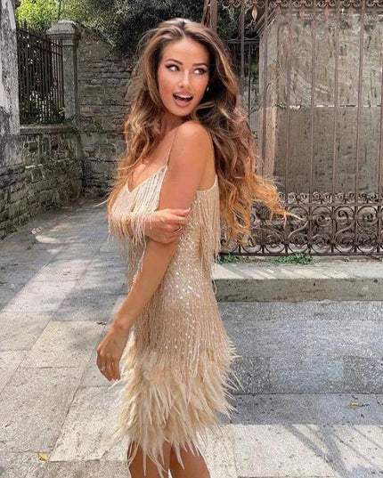 Women's V-Neck Mini Feather Fringe Party Dress