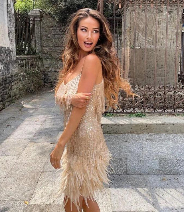 Women's V-Neck Mini Feather Fringe Party Dress