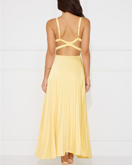 Rear detail of yellow maxi dress highlighting criss cross back cutout straps