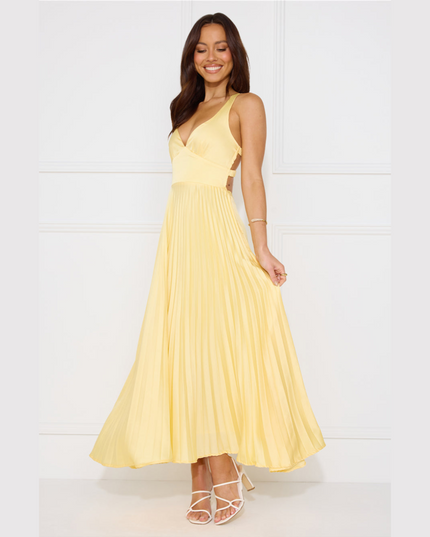 Yellow v-neck pleated maxi dress with criss cross back cutout detail