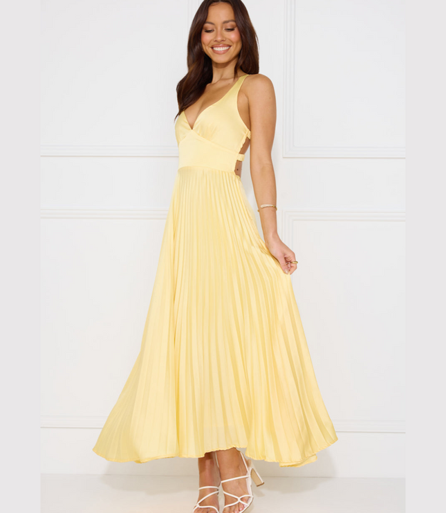 Yellow v-neck pleated maxi dress with criss cross back cutout detail