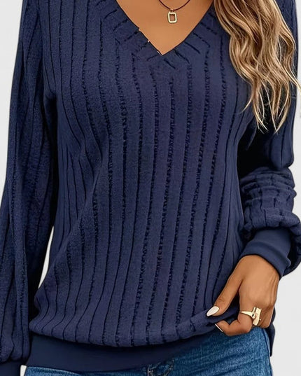 Women's V-Neck Ribbed Cable Knit Sweater Long Sleeve Pullover - Navy Blue