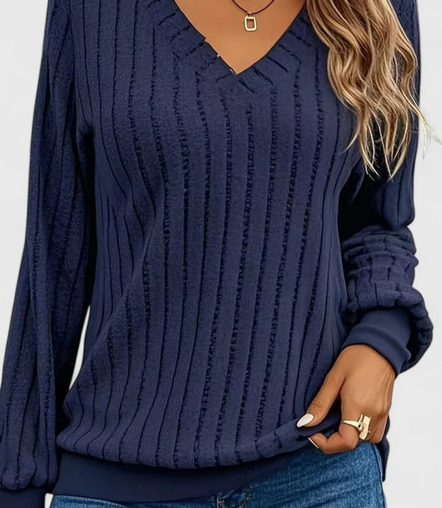 Women's V-Neck Ribbed Cable Knit Sweater Long Sleeve Pullover - Navy Blue