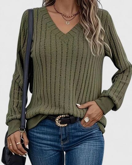 Women's V-Neck Ribbed Cable Knit Sweater Long Sleeve Pullover - Green