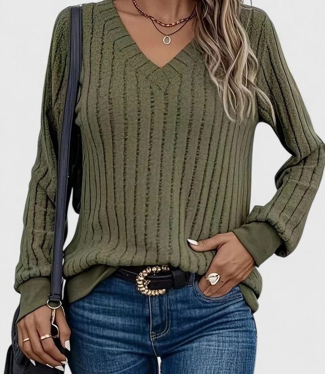 Women's V-Neck Ribbed Cable Knit Sweater Long Sleeve Pullover - Green