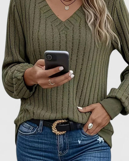 Women's V-Neck Ribbed Cable Knit Sweater Long Sleeve Pullover