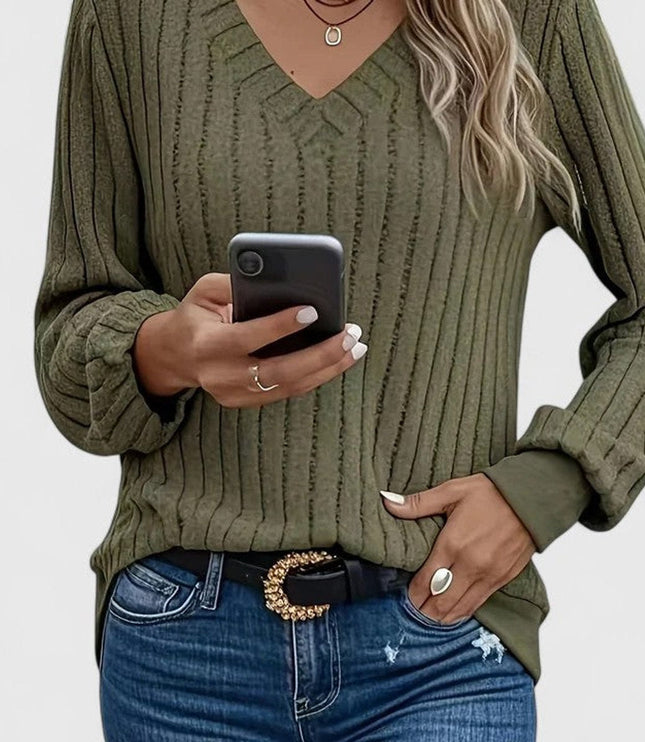 Women's V-Neck Ribbed Cable Knit Sweater Long Sleeve Pullover