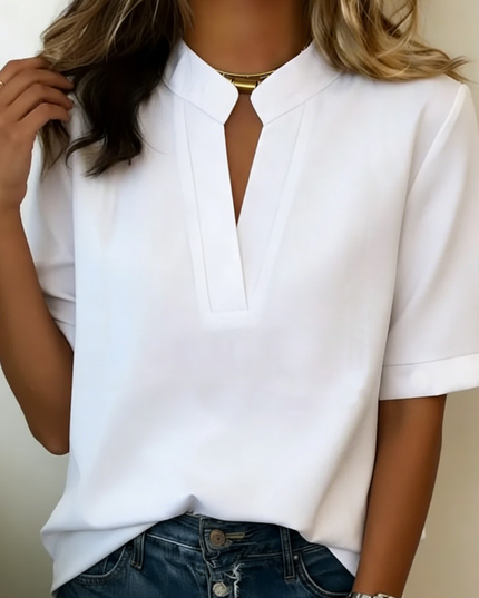Cream v-neck short sleeve casual top with pleated front neckline