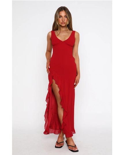 Red sleeveless v-neck maxi dress with ruffled high-low hemline