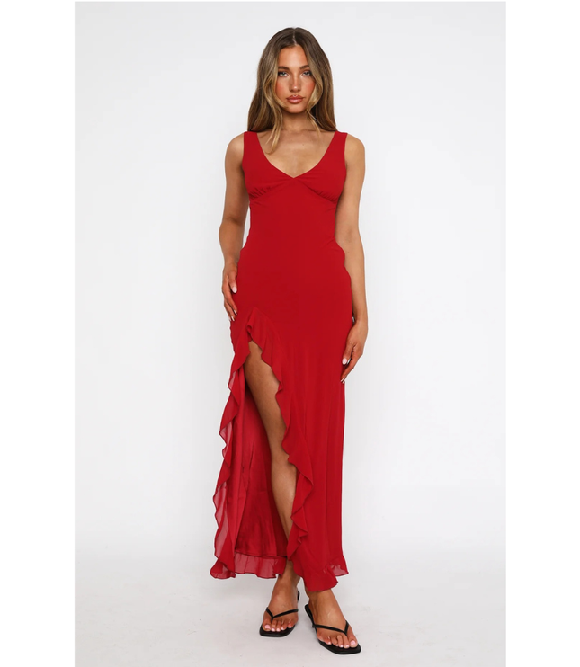 Red sleeveless v-neck maxi dress with ruffled high-low hemline