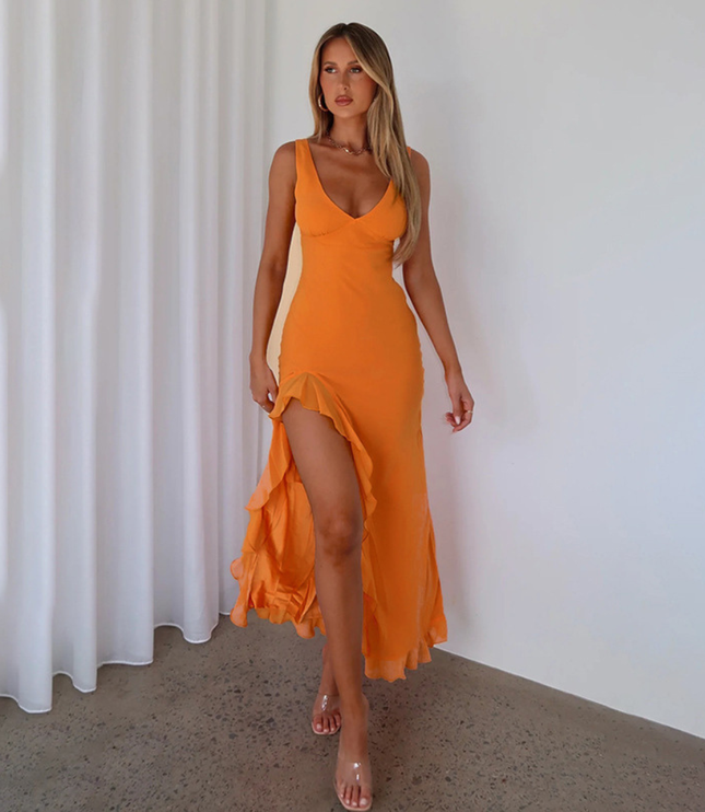 Orange v-neck sleeveless maxi dress with side ruffled detail