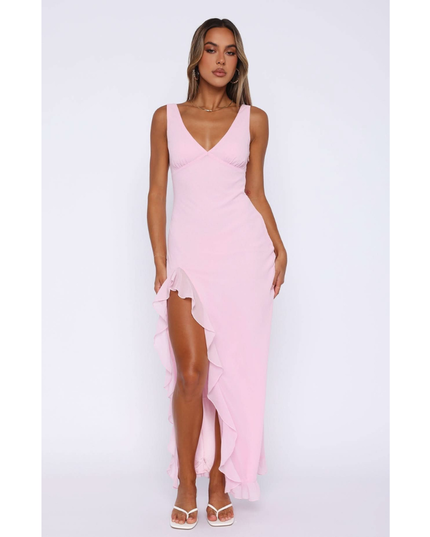 Light pink v-neck sleeveless maxi dress with ruffled high-low hem
