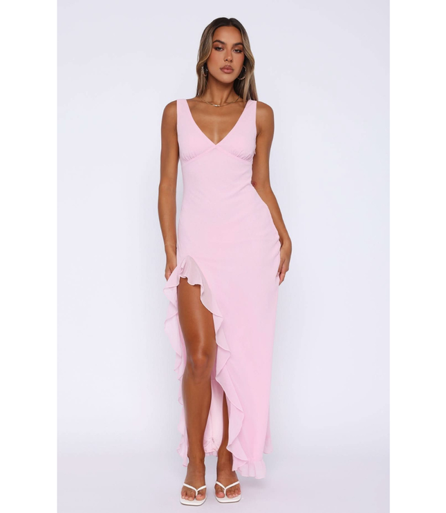 Light pink v-neck sleeveless maxi dress with ruffled high-low hem
