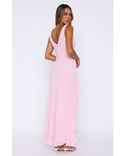 Back view of pink v-neck maxi dress with layered ruffled trim