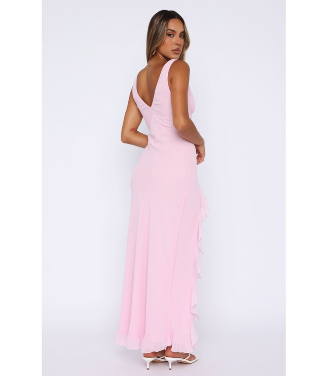 Back view of pink v-neck maxi dress with layered ruffled trim