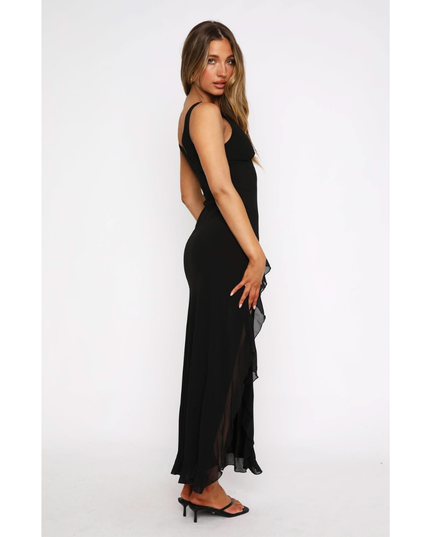 Back view of black sleeveless maxi dress with low v-back neckline