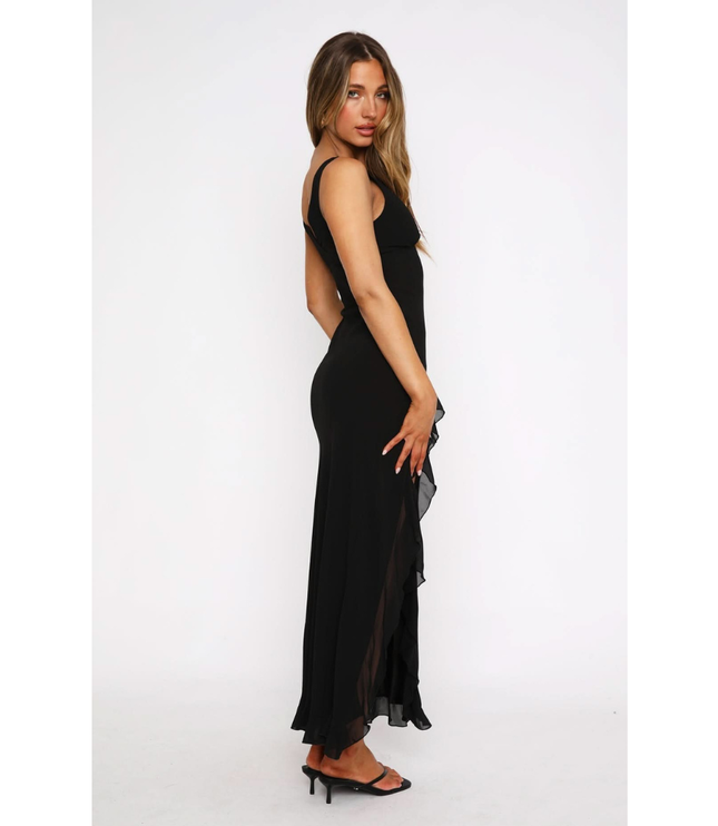 Back view of black sleeveless maxi dress with low v-back neckline