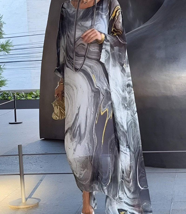 Black and white abstract print maxi dress with long sheer overlay for summer