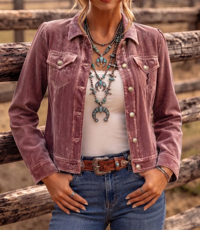 Women's Velvet Button Jacket with Chest Pockets