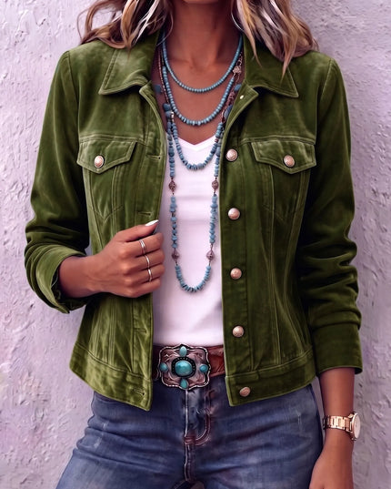 Women's Velvet Button Jacket with Chest Pockets