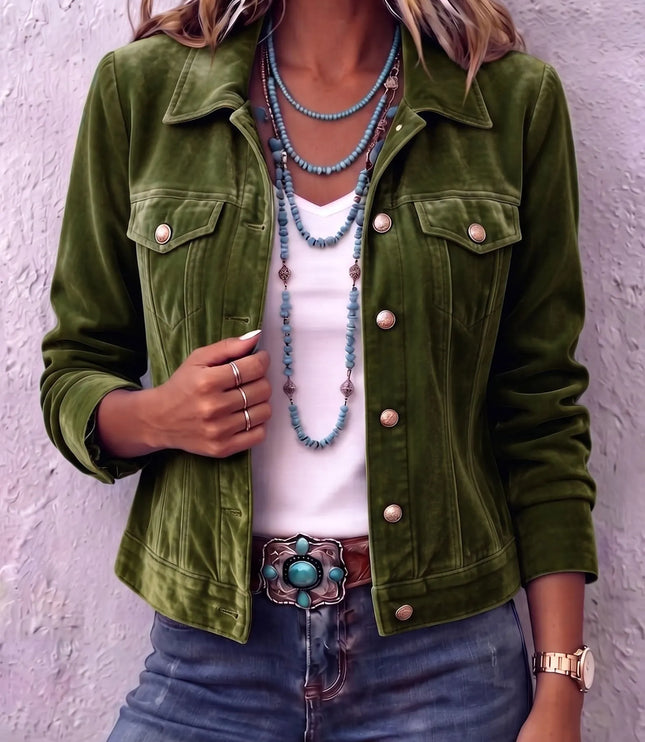 Women's Velvet Button Jacket with Chest Pockets
