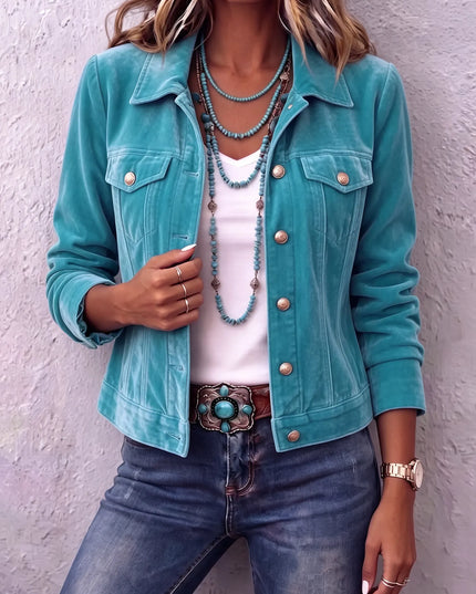 Women's Velvet Button Jacket with Chest Pockets